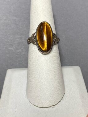 Vintage tigers eye yellow gemstone sterling silver ring size 7